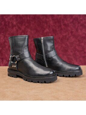 Frye Women Oliva Black Leather Lace-up Zip Lug Harness Moto Ankle Boots sz 8.5
